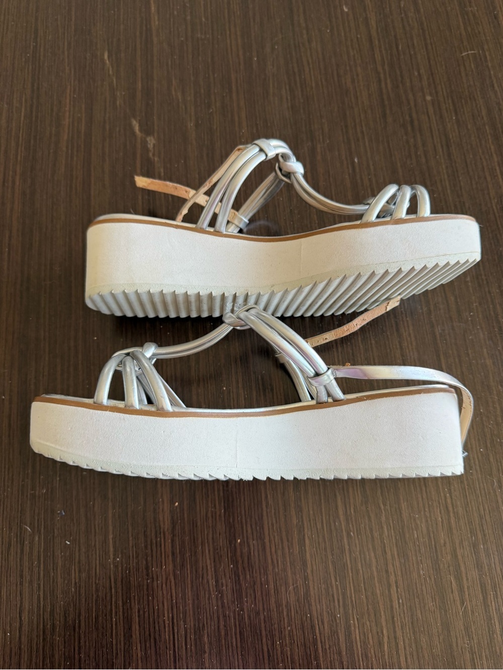 SCHUTZ Metallic Silver Knotted T-Strap Sandals - Picture 4 of 11